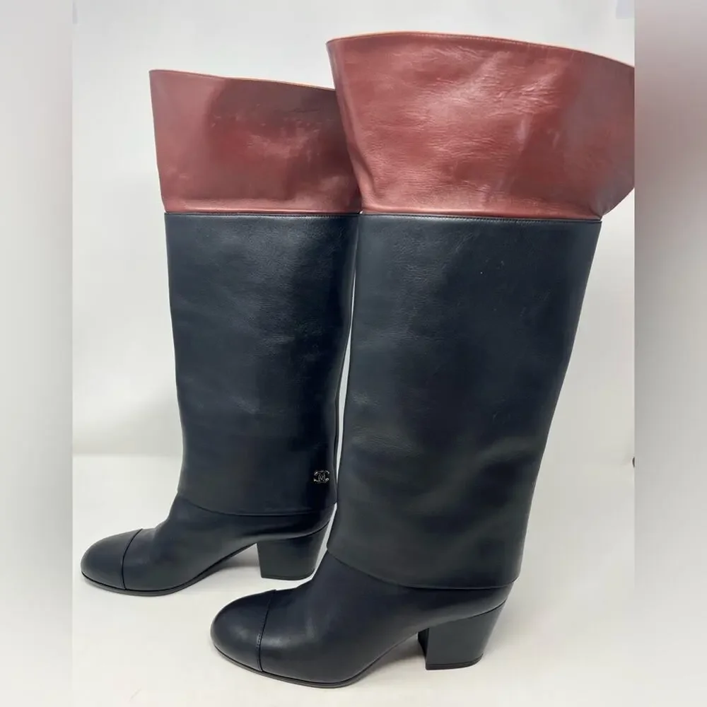 Chanel CC Cap Toe Fold Over Riding Boot Black Brown Leather Block Heel size 38.5